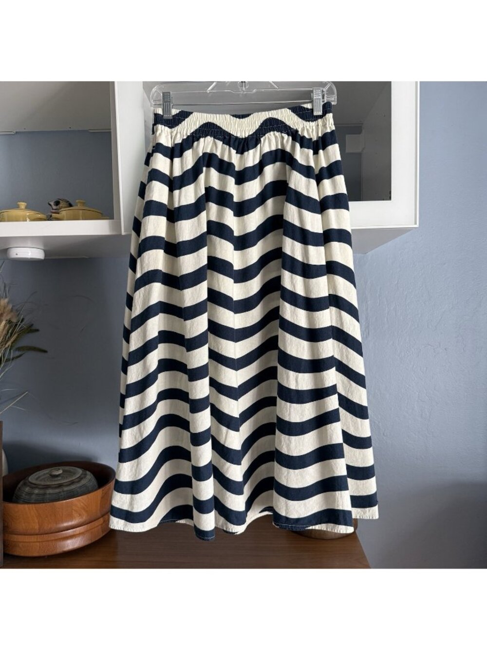 UNIQLO x Marimekko Linen-Blend Wavy Stripes Flare Midi Skirt A-line Sz S Navy
